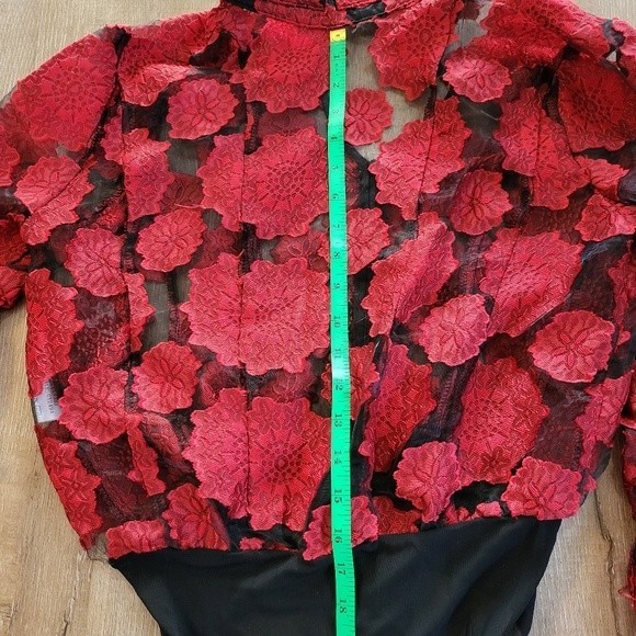 Flower Red Sheer Bodysuit Size Large - Picture 9 of 10